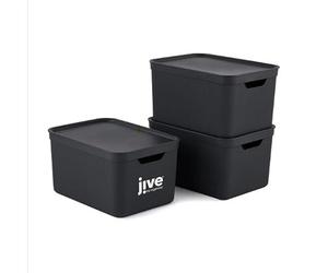Juego de 3 cajas de almacenamiento Jive Dekobox de 16 l con tapa, plástico (PP reciclado), gris oscuro, 3 x 16 l (36,5 x 27 x 27 cm)