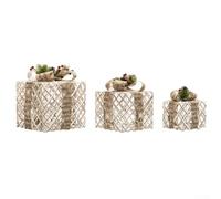 Juego de 3 cajas de luces navideñas con cubierta de felpa, marco de alambre plateado y lazo de seda para exhibiciones festivas en interiores y exteriores (blanco curry)