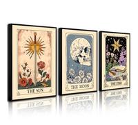 Juego de 3 cartas de tarot sin marco, arte de pared, sol, luna, lienzo, decoración de pared, astrología mística, arte de pared, impresiones celestiales, bohemio, póster de calavera de estrella para