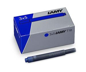Juego de 3 cartuchos de tinta borrables LAMY T10 con gran capacidad de tinta, aptos para todos los modelos de plumas estilográficas LAMY. Cont.: 1,25 ml/cartucho. 5 uds/paquete. Color tinta: azul
