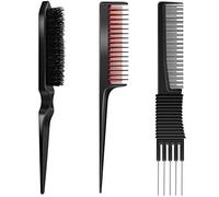 Juego de 3 cepillos de pelo con punta de metal, peine de cola de rata, de triple alfiler, cepillo de pelo de cerdas de nailon para mujeres (negro y rojo)