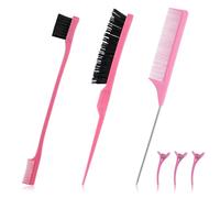 Juego de 3 cepillos de pelo de doble borde, cepillo de pelo y peine de cola de rata, con 3 pinzas para el pelo, cerdas para corte de pelo, peineta de cuidado de bordes para peluquería (rosa)