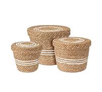 Juego de 3 cestas de almacenamiento de algas marinas, 37, 32, 26 cm | Con tapa, multiusos, color natural