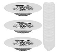 Juego de 3 coladores de acero inoxidable para cocina y baño, colador de pelo para bañera, lavabo de baño y fregadero de cocina (7,7 cm, agujeros perforados) con 15 filtros desechables para fregadero
