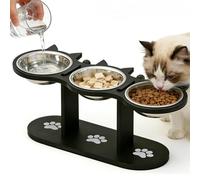Juego de 3 comederos elevados para gatos, comederos inclinados a 15°, comedero para gatos, comederos con soporte de madera y 3 cuencos de acero inoxidable para gatos y perros pequeños, color negro