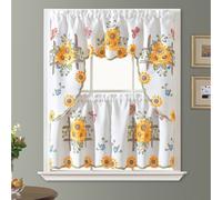 Juego de 3 cortinas GOHD para cocina, cafeter a y estilo r stico, pintadas a mano con dise o de girasoles y mariposas sobre tela satinada gruesa