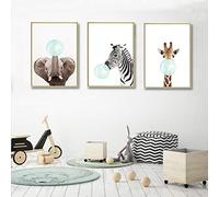 Juego de 3 Cuadros Animales Jirafa Cebra Elefante Pósteres Impresion en Lienzo Láminas Decorativas Pared Infantil Imagen de Niños Decorar Habitaciones de Bebe Regalo Impresiones de Lienzo PTANB004-M