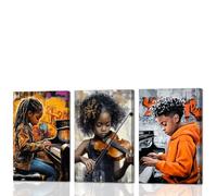 Juego de 3 cuadros de música negra sin marco, arte de pared de niño y niña tocando el piano, imágenes de violín para niños afroamericanos, póster de jazz para decoración de habitación de niños, 16 x