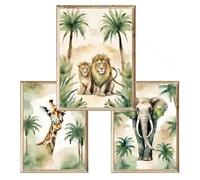 Juego de 3 cuadros decorativos de safari, leones, jirafa y elefante A3, acuarela con palmeras, pósteres para niños