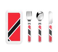 Juego de 3 cubiertos infantiles con diseño de bandera de Trinidad y Tobago, cuchillo, tenedor y cuchara para niños, juego de protección de cubiertos para niños, cubiertos reutilizables portátiles para