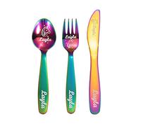 Juego de 3 cubiertos personalizados de unicornio para niños con patrones y nombres personalizados, cubiertos de acero inoxidable, utensilios seguros para niños pequeños, ideal para cocina y hogar