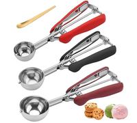 Juego de 3 cucharas de galletas para hornear, cuchara de helado de acero inoxidable 18/8, 1 cucharada/2 cucharadas/3 cucharadas, cuchara de masa de galletas, agarre antideslizante rojo/negro/burdeos