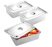 Juego de 3 cuencos para alimentos de acero inoxidable con tapa, 32,5 x 17,5 x 6,5 cm, recipiente GN 1/3, recipiente para comida, recipiente para alimentos calientes y fríos, sartén de hotel para