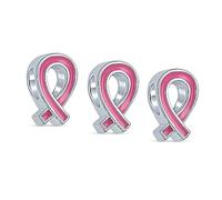 Juego de 3 cuentas esmaltadas con lazo rosa radiante para sobrevivientes de cáncer de mama, auténtica plata de ley 925, compatible con pulseras europeas, joyería inspiradora para mujer