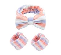 Juego de 3 diademas de spa para la cabeza, juego de lavado, diadema cosmética, banda de pelo elástico suave, banda de felpa coral, banda portátil impermeable, cinta de muñeca con corbata de mariposa