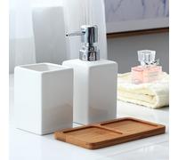 Juego de 3 Dispensadores de Jabón de Cerámica, Botella, Taza y Bandeja. Diseño Versátil, y , Capacidad de 11.26 Onzas, Ideal para Baño, Taza para Cepillo de Dientes y Pasta Dental