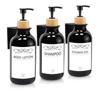 Juego de 3 dispensadores de jabón de Pared de 500 ml, dispensador de jabón para Pared, Color Negro, sin Agujeros, dispensador de Bomba de plástico con Embudo y Etiquetas Impermeables para Cocina y