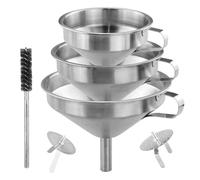 Juego de 3 embudos de cocina de acero inoxidable (15 cm + 13 cm + 11 cm) con 2 filtros coladores extraíbles para transferencia de líquido, líquido, aceites de cocina, mermelada y 1 cepillo de limpieza