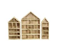 Juego de 3 estantes de pared de madera con forma de casa para colecciones en miniatura, a prueba de polvo, estantes de almacenamiento para curiosidades y baratijas