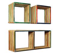 Juego de 3 estantes de pared de madera de teca reciclada multicolor, diseño elegante y práctico, espacio de exhibición ideal, funcionalidad versátil, fácil instalación, para mesa auxiliar, café