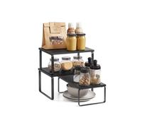 SONGMICS Estante para Especias, Juego de 3, Organizador de Armario, Apilables, Especieros Extensibles, Metal y Madera de Ingeniería, Gris Antracita y Negro Mate KCS220B01