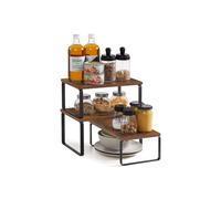 SONGMICS Estante para Especias, Juego de 3, Organizador de Armario, Apilables, Especieros Extensibles, Metal y Madera de Ingeniería, Marrón Rústico y Negro Mate KCS220K02