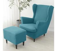 Juego de 3 fundas elásticas para silla con respaldo de alas con funda para reposapiés, lavable, antideslizante, de poliéster, protector de sofá, parte inferior elástica, color azul pavo real, perfecto