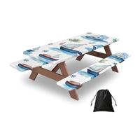 Juego de 3 fundas para mesa de camping con protectores de banco, diseño de faro, velero, impermeable, rectangular, con bolsa de almacenamiento