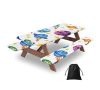 Juego de 3 fundas para mesa de camping con protectores de banco, diseño de planeta colorido, elástico, impermeable, rectangular, con bolsa de almacenamiento