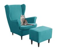 Juego de 3 fundas para sillas de ala de terciopelo azul pavo real, fundas para sillas con respaldo de ala y sillón otomano extraíble y protección de sofá, decoración elegante para el hogar