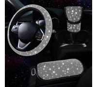 Juego de 3 fundas para volante de coche, con detalles brillantes, superficie de ante para un agarre antideslizante, ajuste universal para volantes de 38 cm, así como pomo de palanca de cambios y