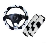 Juego de 3 fundas para volante de coche y 2 hombros para almohadillas con patrón de vaca de felpa suave, textura antideslizante para una conducción segura y cómoda