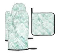 Juego de 3 Guantes de Cocina Resistentes al Calor, agarraderas y Manoplas para Horno, diseño geométrico de mármol Blanco y Menta, Escalas Aqua, Color Verde Menta