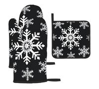 Juego de 3 guantes de horno y soporte para ollas de copo de nieve blanco resistentes al calor, antideslizantes, guantes de cocina y almohadilla caliente para hornear, cocinar, asar a la parrilla