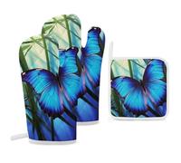 Juego de 3 guantes de horno y soportes para ollas resistentes al calor, guantes de horno de mariposa azul y bambú, guantes antideslizantes para cocina, hornear, parrilla, barbacoa, microondas