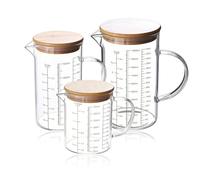 Juego De 3 Jarra Medidora: Vaso Medidor Multiescala De Vidrio De Borosilicato, Resistente Al Calor, Vaso Medidor Cocina Con Escala Tapa De Madera Ideal Para Hornear, Cocinar Y Mezclar