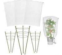 Juego de 3 jaulas de tomate con redes de jardín y cuerda fija para plantas trepadoras, kit de soporte de crecimiento vertical al aire libre, sistema de enrejado de flores de vid de plástico verde