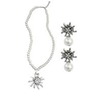 Juego de 3 joyas para traje regional para mujer, collar de perlas edelweiss con pendientes para Oktoberfest, joyas para mujer, estilo bávaro, tirolesa, con brillantes para fiestas de cerveza