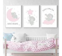 Juego de 3 Laminas 30x40 Infantiles Bebe Niño Animales Elefante Luna Estrella Nube Rosa Poster Citas Cuadros Impresión en Lienzo Decoración Habitación Niña Regalo Sin Marco RLQ