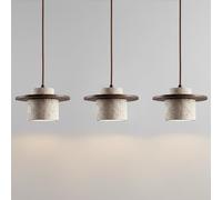 Juego de 3 Lámparas Colgantes Japonesas de Travertino Amarillo, Lámparas Colgantes Cilíndricas de Piedra Natural con Detalles de Madera, Candelabros Minimalistas Pequeños para Dormitorio Y Mesita de N