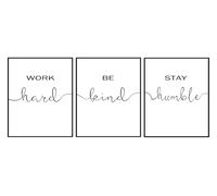 Juego de 3 letreros sin marco para decoración de pared de oficina con texto en inglés "Work Hard Be Kind Stay Humble", arte de pared de oficina, arte de pared de 20 x 30 pulgadas
