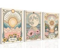 Juego de 3 lienzos celestiales sin marco, diseño de sol y luna, arte de pared vintage de tarot, astrología, decoración de pared, flor de sol y luna llena, loto, impresiones para sala de estar