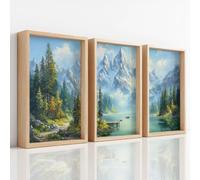 Juego de 3 lienzos con ilustraciones de paisaje, imágenes en lienzo de alta montaña, bosque, río, muelle, barco, decoración de la naturaleza, para dormitorio, sala de estar, incluso inodoro, 21 x 29,7