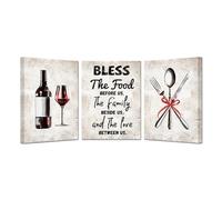 Juego de 3 lienzos de cocina sin marco, arte de pared con citas de Bless the Food, cuadros vintage, cuchillos y tenedores, copas de vino tinto, impresiones giclée para comedor, 30,5 x 45,7 cm