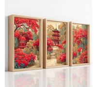 Juego de 3 lienzos de estilo asiático japonés para pared, ilustración Ukiyo-E de jardín, pagoda, flor, elegante, decoración para dormitorio, sala de estar, incluso inodoro, 50 x 70 cm cada una