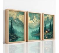 Juego de 3 lienzos de paisaje para pared, diseño de cabaña de troncos, bosque, lago, serena, decoración pastoral para dormitorio, sala de estar, incluso inodoro, 50 x 70 cm cada una