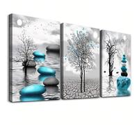 Juego de 3 lienzos decorativos para pared: impresiones de paisajes en azul y blanco y negro para sala de estar, póster abstracto inspirador de árboles y piedras (50 x 70 cm x 3 cm/marco interior)