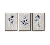 Juego de 3 lienzos florales bohemios sin marco para sala de estar, minimalistas azules, modernos, acuarelas, flores, plantas, obras de arte para dormitorio, comedor, oficina, decoración de pared, 16 x