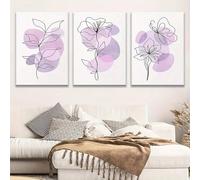 Juego de 3 lienzos impresos con motivos florales lilas y abstractos en tonos pastel. Decoración moderna para la pared del salón. Pósteres e impresiones para el hogar (75x110cmx3/Sin marco).