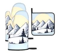 Juego de 3 manoplas de horno y estante para ollas de White Snowy Mountains, guantes de cocina, adecuados para cocinar, asar al aire libre, etc.